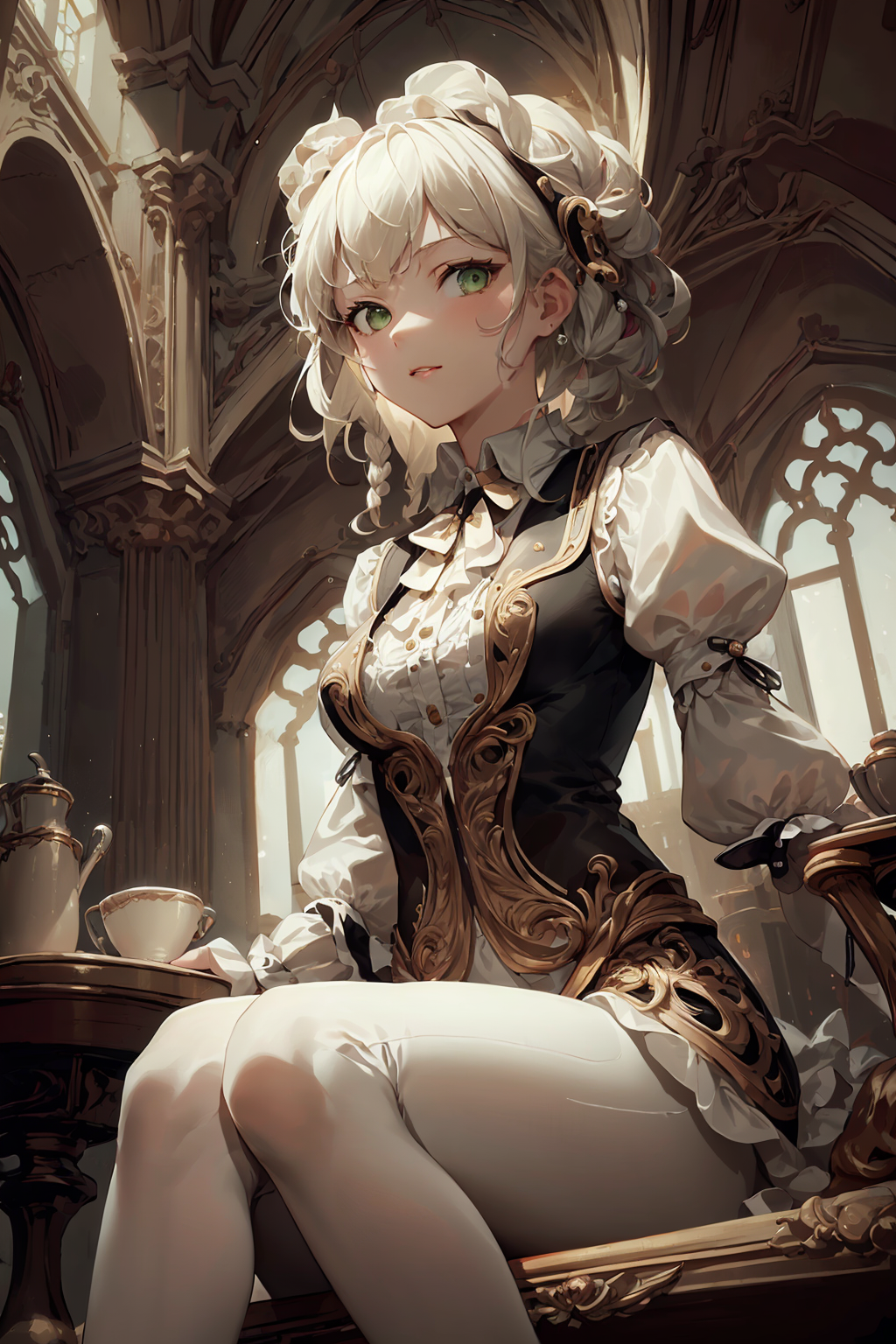 00129-3109773122-masterpiece, best quality, baroqueAI, from below, _1girl, solo, medium breasts, white hair, braid, green eyes, sitting, looking.png